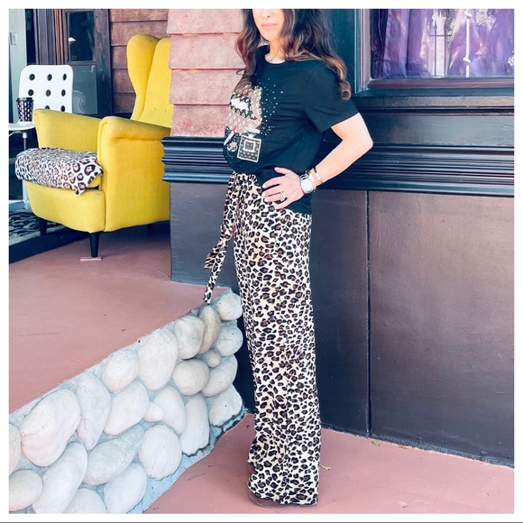 Leopard Print belted side pockets Wide Leg pants - Picture 3 of 5